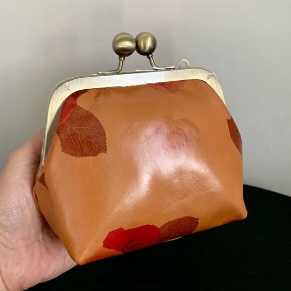 Handmade Vintage Style Genuine Leather Floral Print Purse/Wristlet/Crossbody - Picture 6 of 16